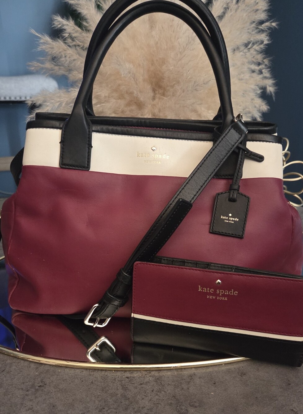 Kate Spade Satchel/Crossbody & Wallet Set Burgundy Cream Black Leather